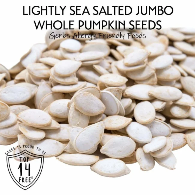 Jumbo Lightly Sea Salted Roasted Snow White Pumpkin Seeds, In Shell Pepitas, Resealable Bag Allergy Friendly FoodsJumbo Lightly Sea Salted Roasted Snow White Pumpkin Seeds, In Shell Pepitas, Resealable Bag Qualities