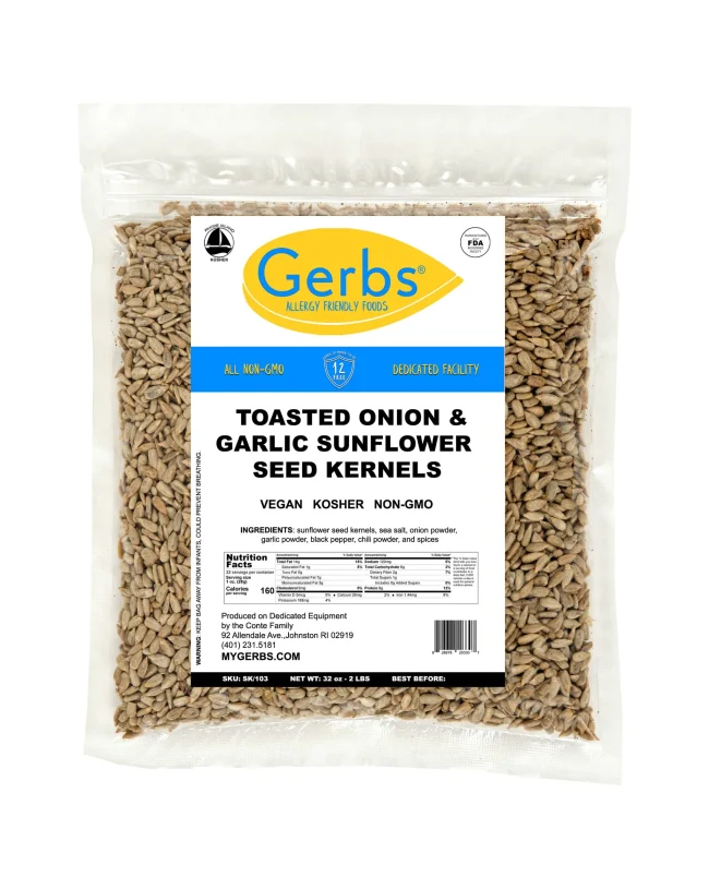 Toasted Onion & Garlic Roasted Sunflower Seed Kernels, Resealable Bag Free from Top 14 Food Allergens