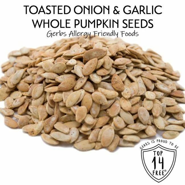 Toasted Onion & Garlic Seasoned Snow White Pumpkin Seeds, In Shell Pepitas, Resealable Bag Allergy Friendly FoodsToasted Onion & Garlic Seasoned Snow White Pumpkin Seeds, In Shell Pepitas, Resealable Bag Qualities