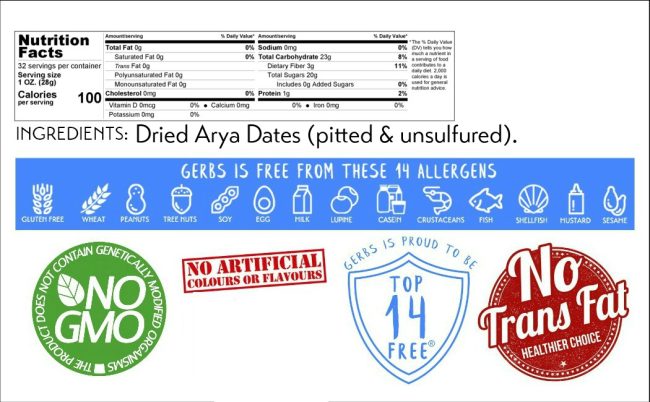Gerbs pitted dates nutritional information