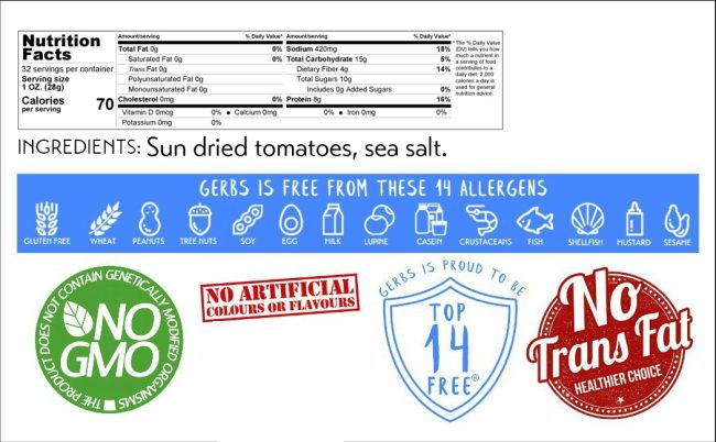 Gerbs sun dried tomatoes nutritional information.