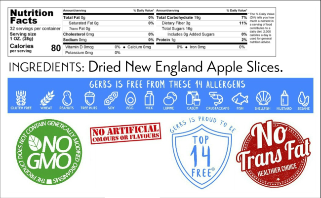 Gerbs Dried New England Apple Slices, two pound bag nutritional panel.