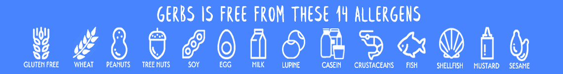 Every Gerbs product including our entire facility is free from the following: gluten, wheat, peanuts, tree nuts, legumes, peas, beans, lentils, mustard, sesame, eggs, dairy, milk, soy, fish, shellfish, and crustaceans