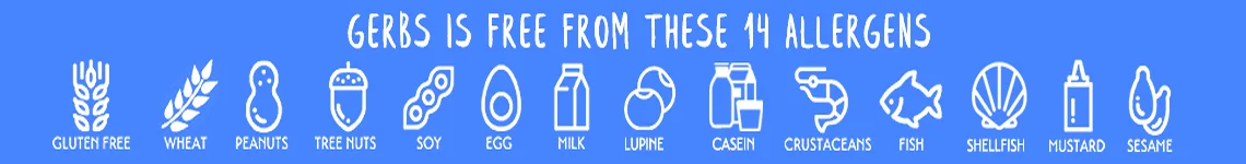 Every Gerbs product including our entire facility is free from the following: gluten, wheat, peanuts, tree nuts, legumes, peas, beans, lentils, mustard, sesame, eggs, dairy, milk, soy, fish, shellfish, and crustaceans
