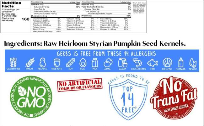 Nutrition Facts of Raw Heirloom Styrian Pumpkin Seed Kernels (No Shell Pepitas)