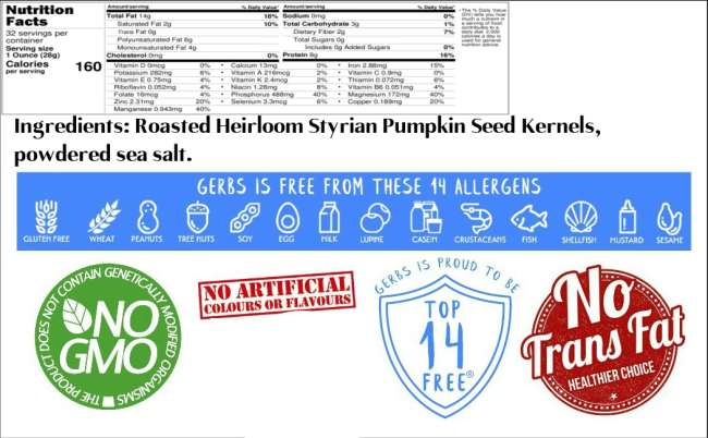 Nutrition Facts of Lightly Sea Salted Roasted Heirloom Styrian Pumpkin Seed Kernels (No Shell Pepitas)